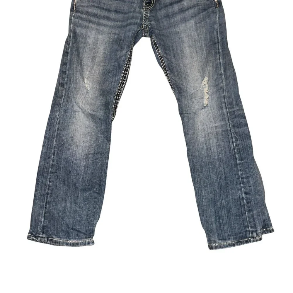 BKE Carter Straight Leg Jeans Mens 30 27 Light Wash Well Worn Grunge Embroidered